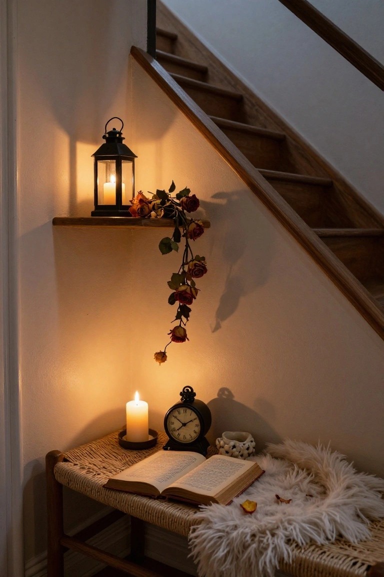 Wooden staircase corner with black metal lantern on wall shelf holding candlelight and hanging dried roses, below a rattan bench with candle, clock, open book, and white fluffy throw.
