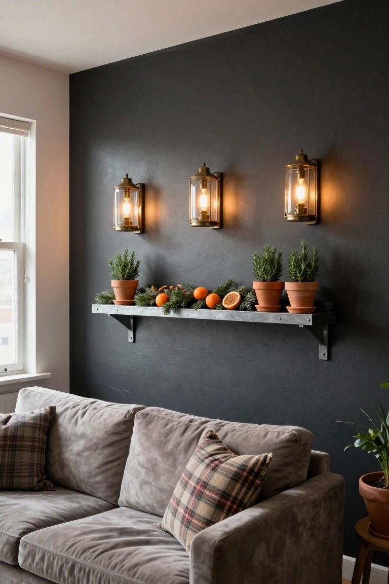 Dark textured wall in a living room with three brass glass lanterns mounted above a floating metal shelf holding potted rosemary plants, oranges, pine branches, and flanked by a gray velvet sofa with plaid pillows.