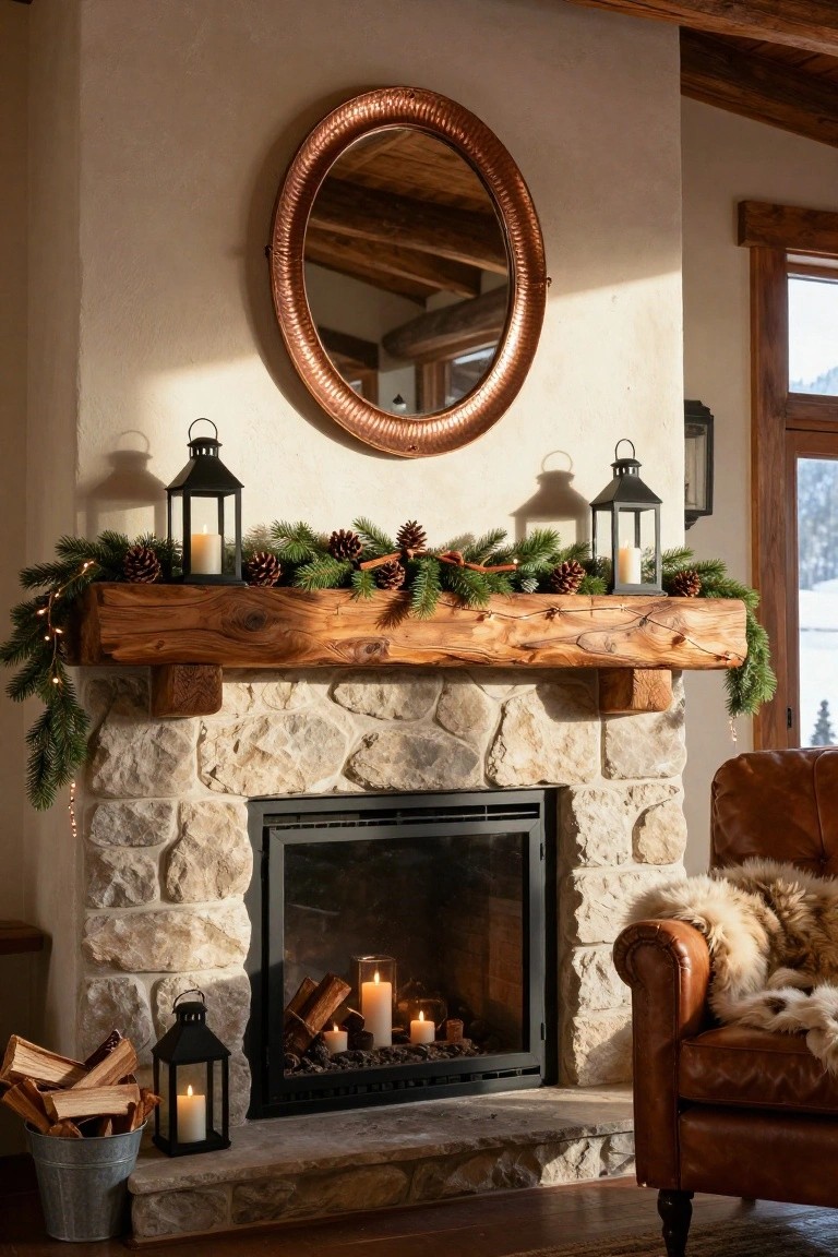 Wooden Beam Mantel with Lanterns