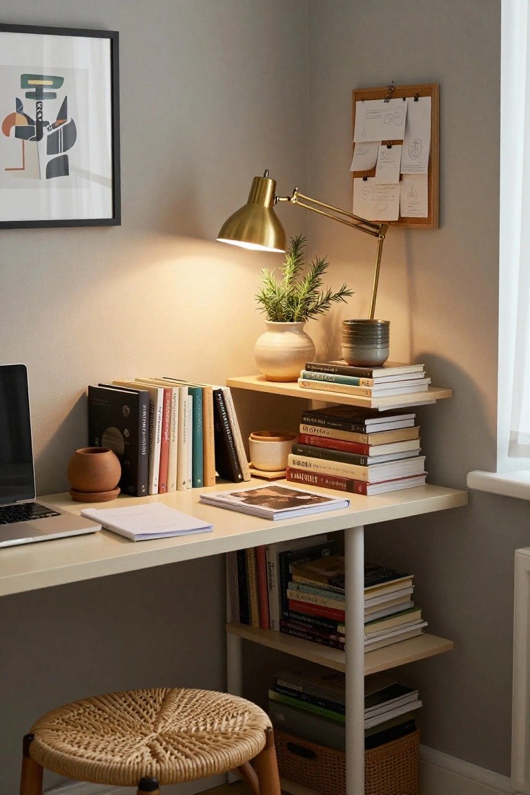 Corner workspace in a light gray room with a beige wooden desk holding a laptop and notebook, open shelves stocked with books and potted plants, a gold adjustable lamp, and a corkboard on the wall.