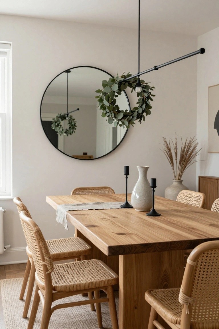 A minimalist dining room featuring a wooden table with rattan chairs, a large round black mirror on the wall with an eucalyptus wreath hanging on it, a black pendant light with greenery, candlesticks, a vase, and pampas grass.