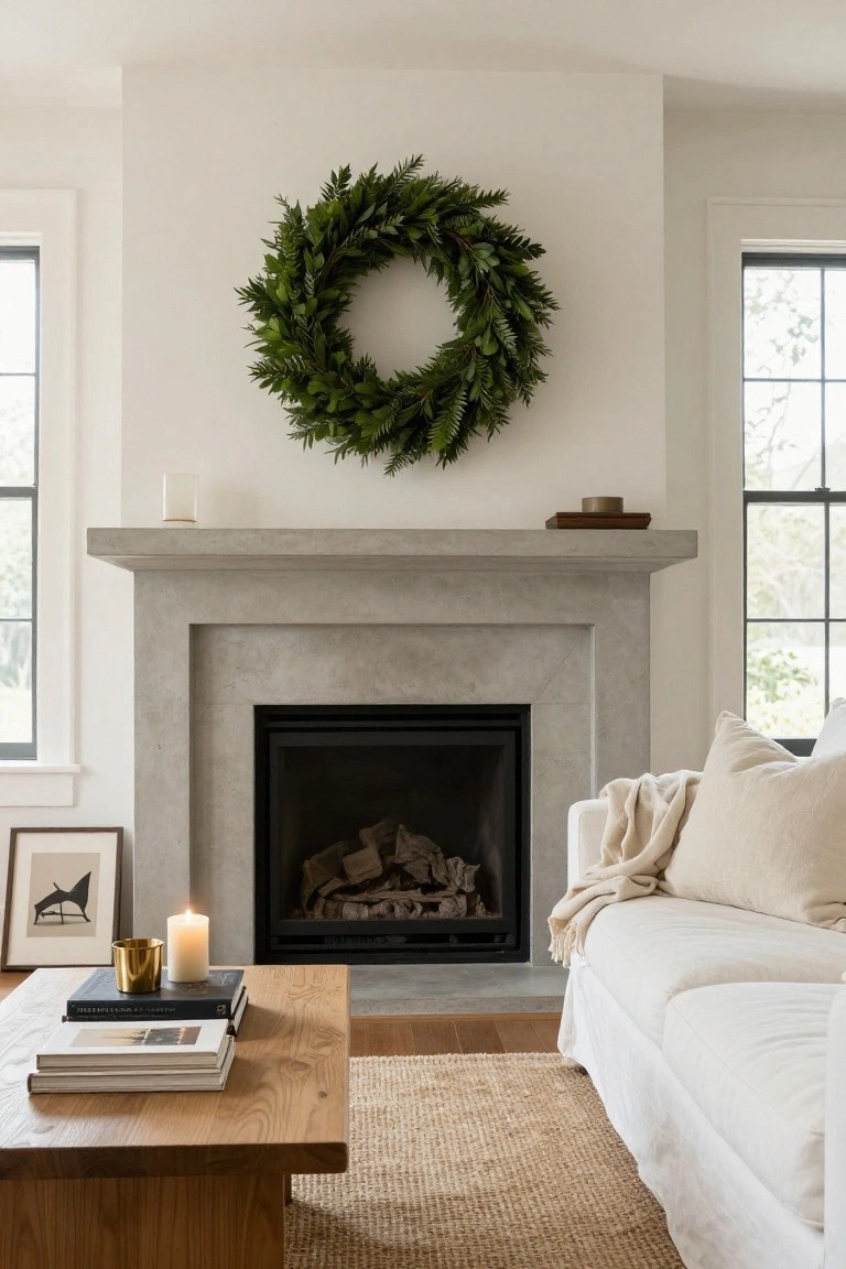 Lush green evergreen wreath hung above a concrete fireplace mantel in a minimalist living room with white sofa, wooden coffee table, burning candle, and neutral decor.