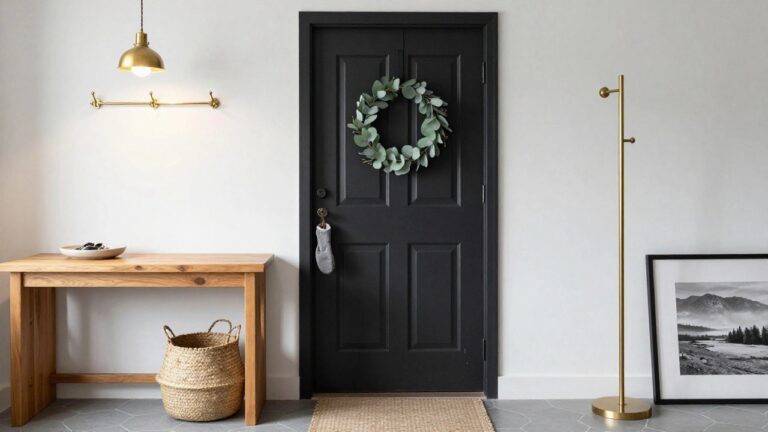 18 Minimalist Christmas Wreath Ideas That Keep It Simple and Stylish White entry wall with black-framed black-and-white landscape photo and green eucalyptus wreath on gold hooks above wood console table holding white bowl and seagrass basket, beside black door with brass handle on gray tile floor.