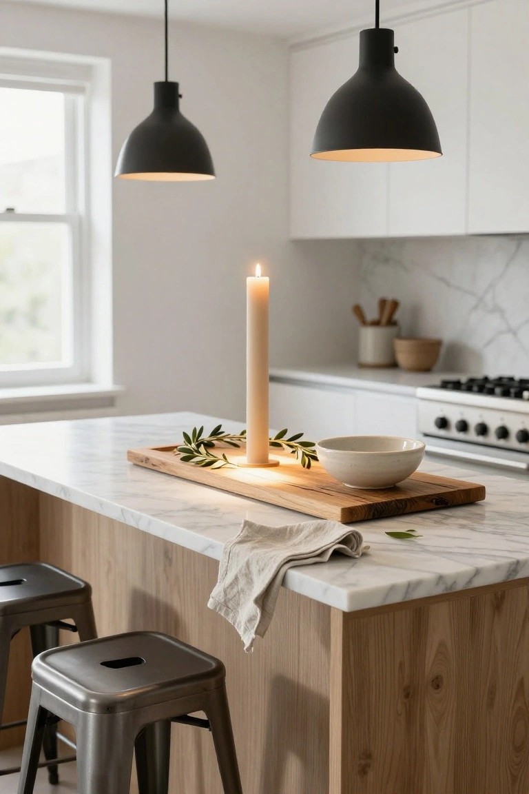 Kitchen island topped with a wooden board holding a lit tall beige pillar candle encircled by olive branches, a white bowl nearby, linen cloth draped over the edge, flanked by black metal stools, white cabinets, black pendant lights, and a window in the background.