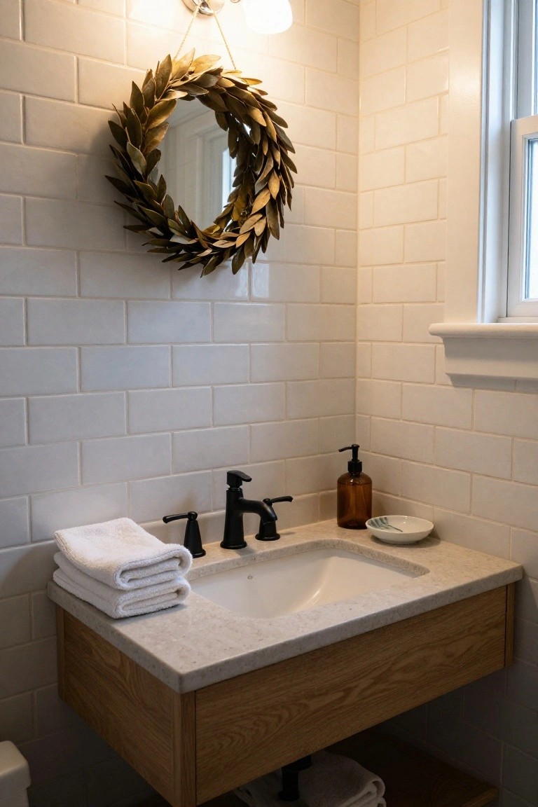 Round mirror framed by a gold laurel leaf wreath on white subway tile wall above wooden vanity with sink, soap dispenser, towels, and toilet in bathroom.