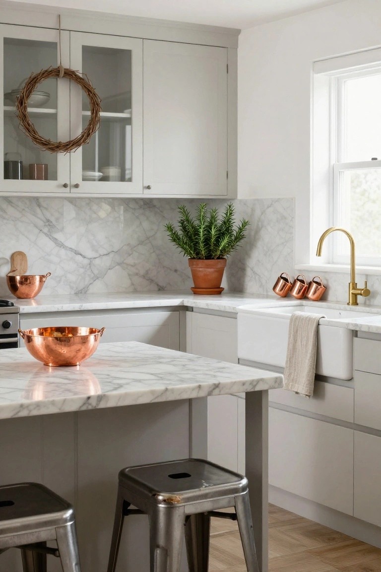 Modern white kitchen with marble counters and backsplash, copper bowls and mugs, gold faucet, potted rosemary plant, and a twig wreath hanging inside glass-fronted upper cabinets.