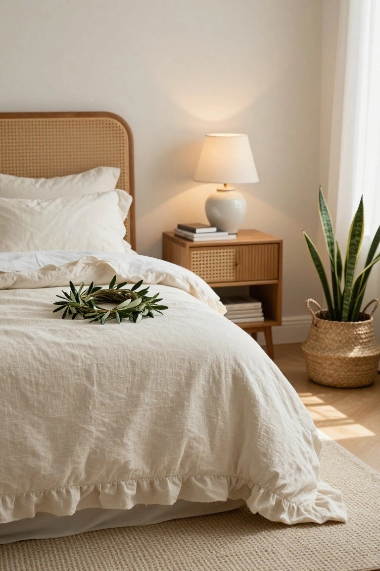 A bedroom interior featuring a rattan headboard and nightstand with white linen bedding, an olive leaf wreath placed on the bed, a ceramic lamp, stacked books, and a snake plant in a woven basket beside a curtained window.