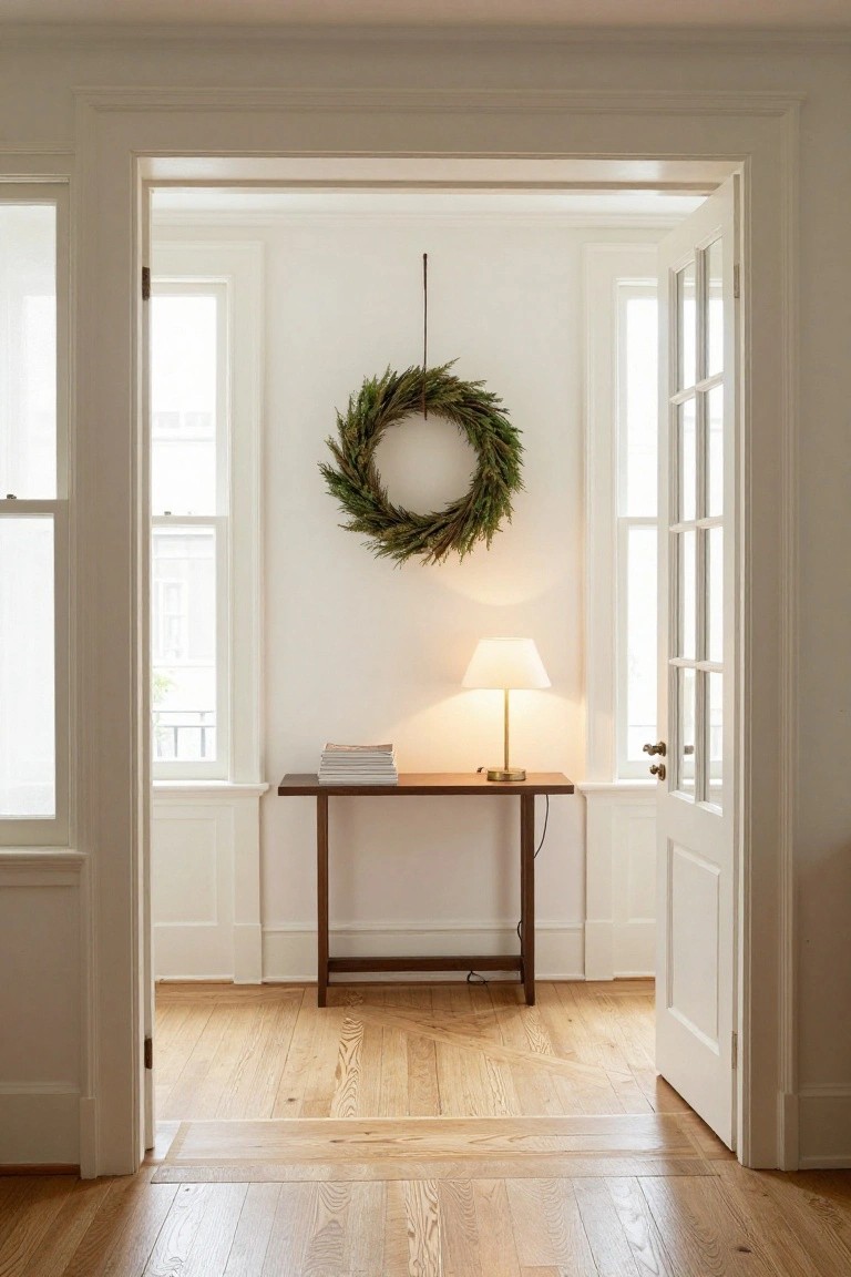 White interior hallway with double doors open to another room, a green evergreen wreath hanging on the wall above a wooden console table holding a lamp and stack of books, hardwood floors throughout.