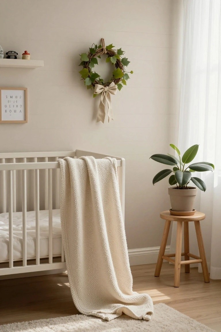 A minimalist nursery with beige walls, a white crib draped in a cream knit blanket, a green ivy wreath with a beige bow hanging on the wall, a floating shelf with small toys, a potted plant on a wooden stool, sheer curtains at a window, and light wood floors.