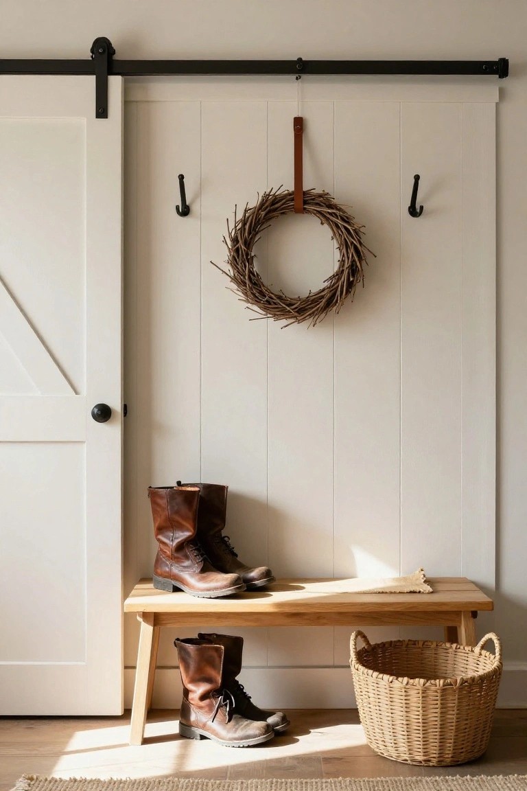 Brown boots on a wooden bench, straw basket, and a twig wreath on the wall.