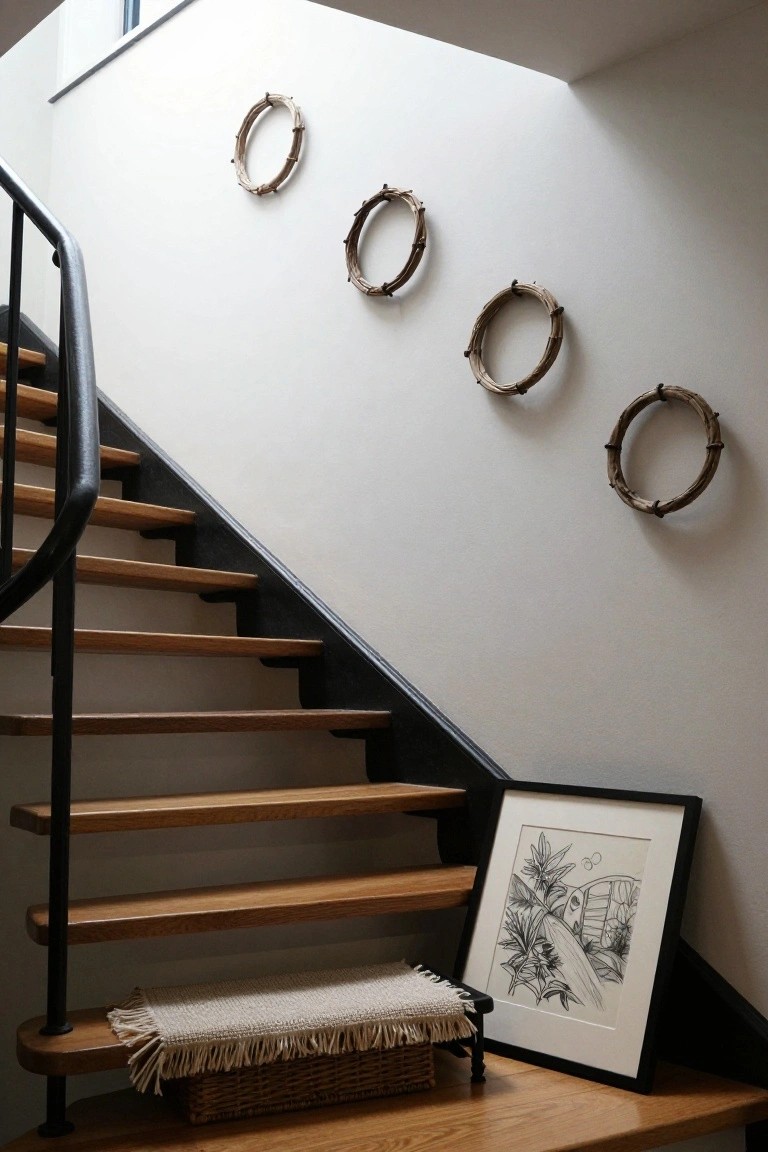 Four circular twig wreaths hung evenly spaced on a white wall beside a wooden staircase with black metal railing, a black-framed drawing leaning nearby, and a woven basket on a bench at the bottom step.