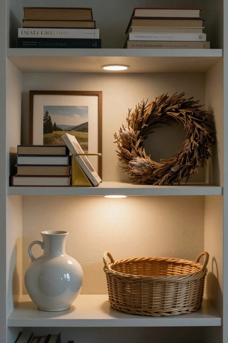 Open bookshelf with stacked books, wood-framed landscape photo, dried wheat wreath, gold bookend, white ceramic pitcher, and wicker basket on shelves under recessed lighting.