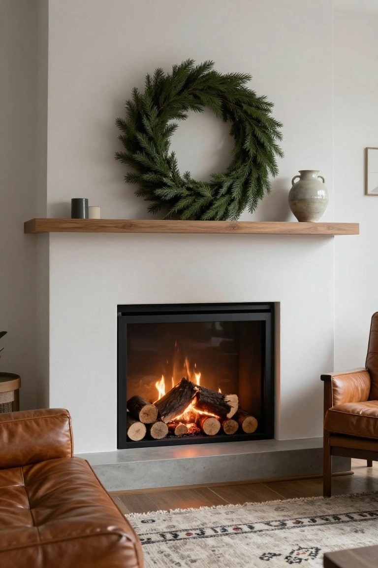 Cozy living room with a fireplace, leather chairs, wreath, and wooden shelf.