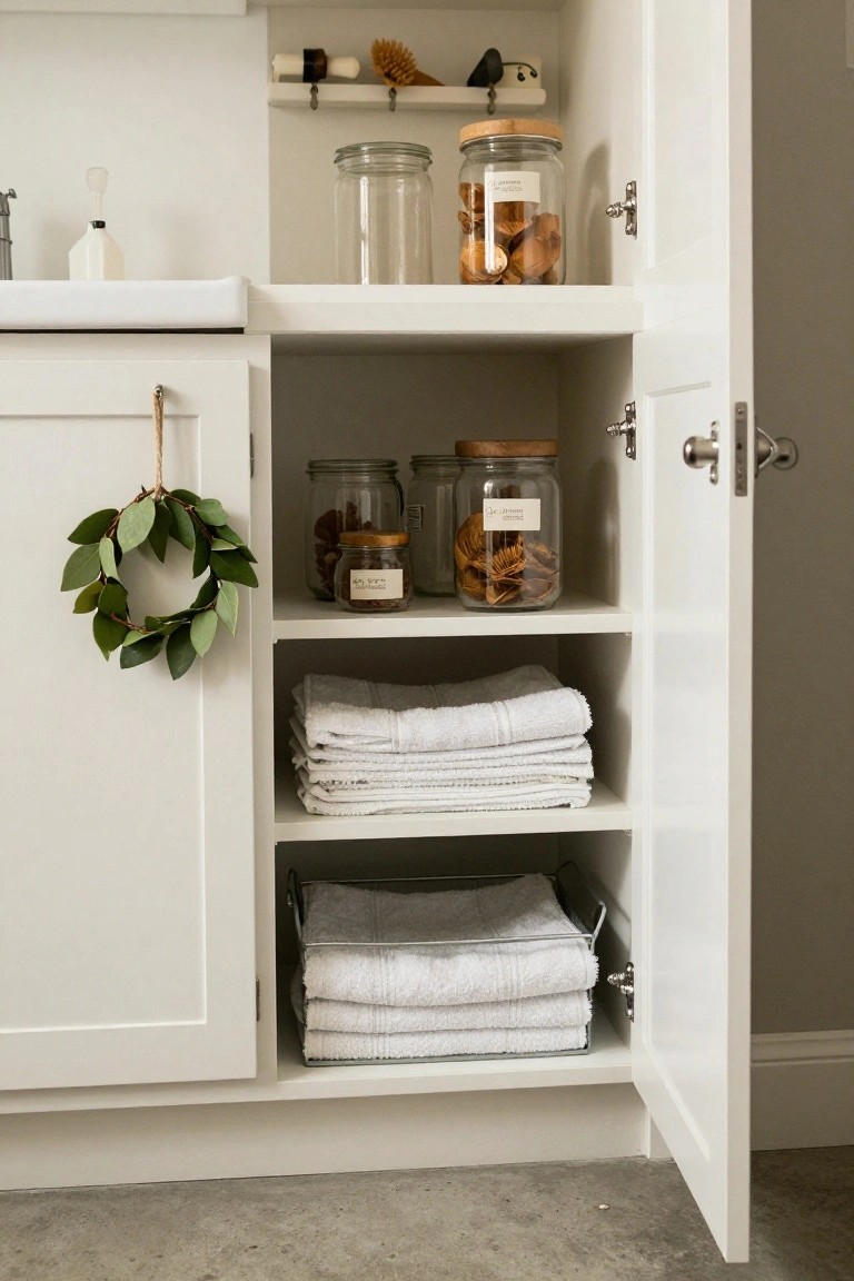 Open white cabinet doors under a bathroom sink showing stacked white towels in a basket, glass jars with dried fruits and mushrooms, and a green laurel wreath hanging from a rope on the door pull.