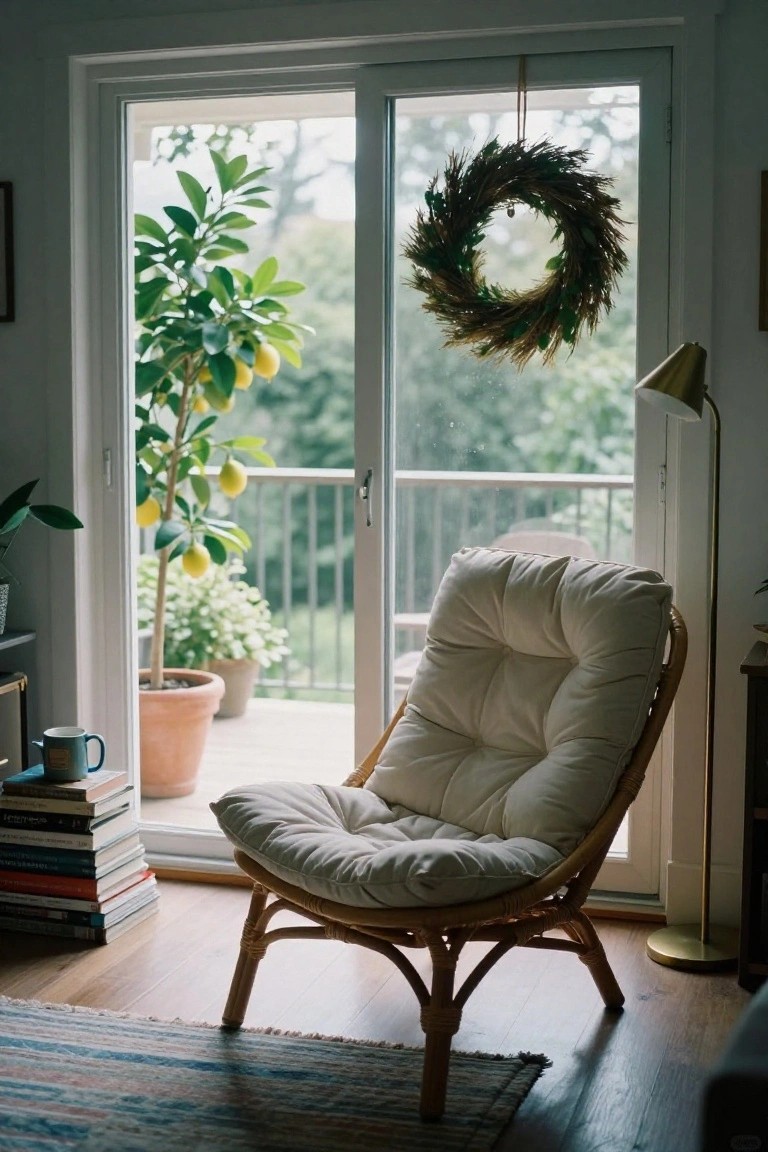 Indoor corner with a white cushioned rattan chair, stack of books, mug on a side table, potted plants, and a wheat and greenery wreath on an open sliding glass door to a balcony with a lemon tree.
