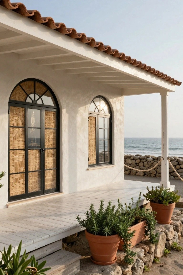 White stucco house exterior under terracotta tile roof with arched black metal doors and windows featuring woven rattan panels, wooden porch steps, potted plants, and stone wall by sandy beach.