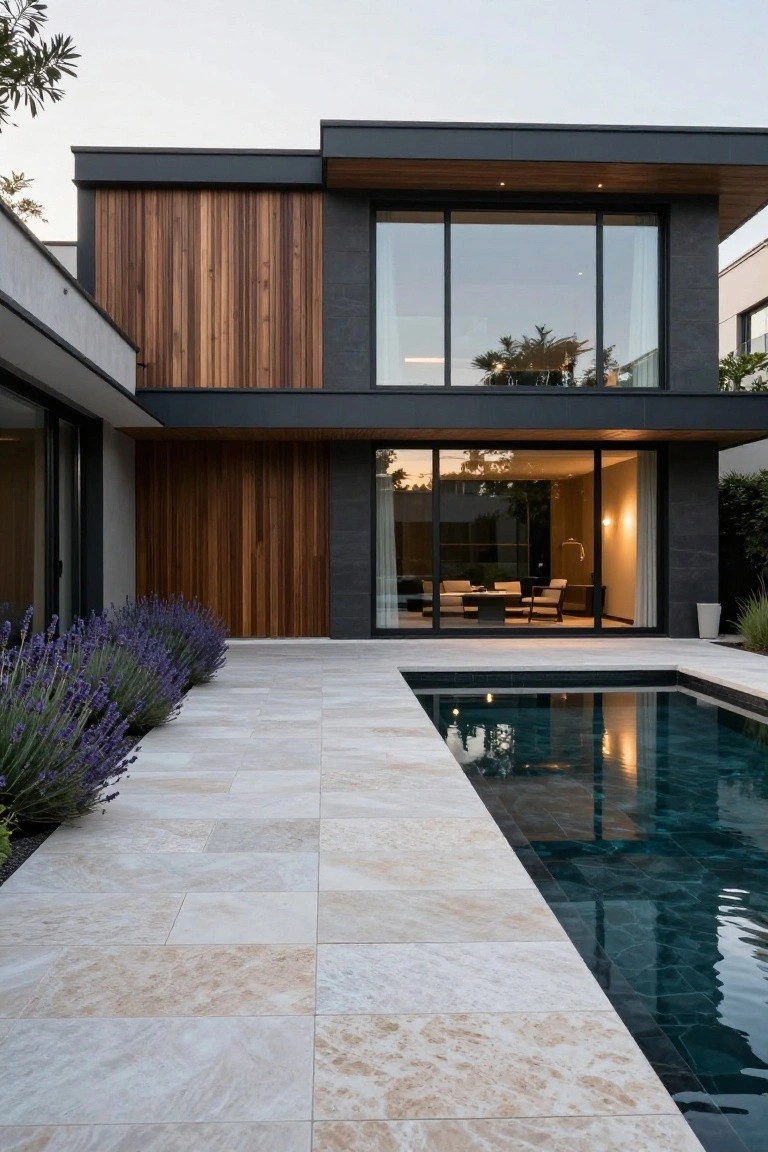 Modern two-story house exterior with vertical brown wood cladding, large rectangular black-framed floor-to-ceiling windows, adjacent rectangular swimming pool, beige tiled patio, and purple lavender plants.