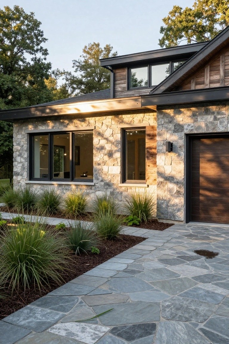Gray stone house wall with large black-framed sliding windows, small square window, wooden garage door, stone pathway, and grasses along the edge.