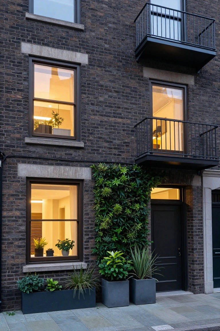 Three-story brick townhouse exterior at dusk with large tall black-framed windows lit warmly from inside, upper metal balcony, lower vertical green wall beside black door, potted plants in dark containers, and paved front path.