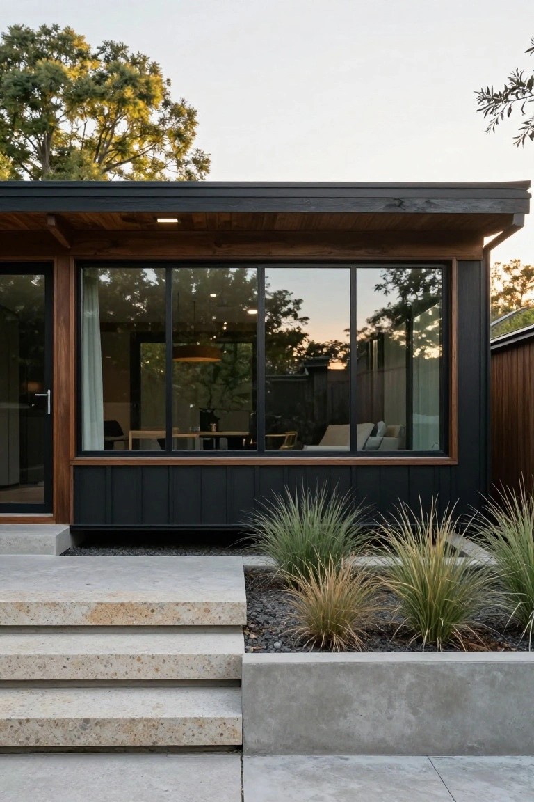 Modern house exterior with black vertical siding, large corner sliding glass doors framed in wood, concrete steps leading up, raised concrete planters with ornamental grasses, and trees in the background at sunset.