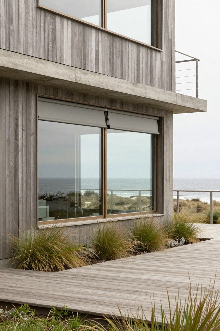 Modern coastal house exterior with vertical weathered wood cladding, large floor-to-ceiling windows with roller shades, concrete balcony edge, wooden deck, native grasses, and ocean view beyond dunes.
