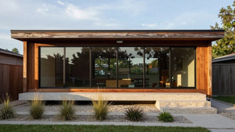 Modern house exterior with black vertical siding, large corner sliding glass doors framed in wood, concrete steps leading up, raised concrete planters with ornamental grasses, and trees in the background at sunset.