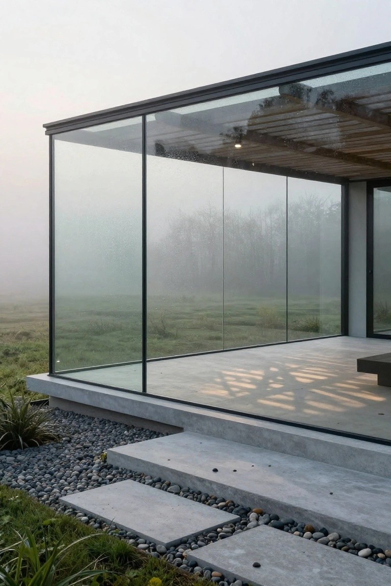 Modern house corner featuring full-height glass walls enclosing a concrete terrace with steps, adjacent pebble and grass landscaping, and foggy fields with trees in the background.