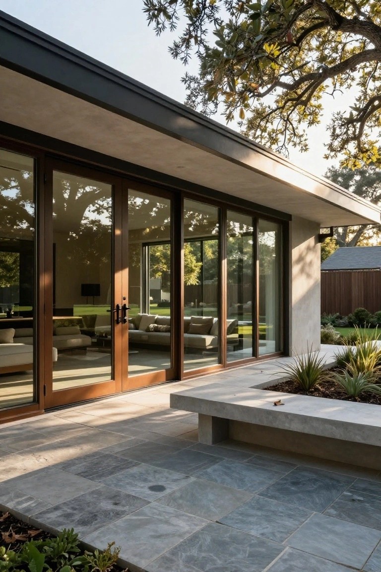 Modern stucco house exterior featuring large multi-panel wooden-framed sliding glass doors open to an interior living room with sofa, concrete bench on gray stone paver patio, potted plants, and oak trees nearby.