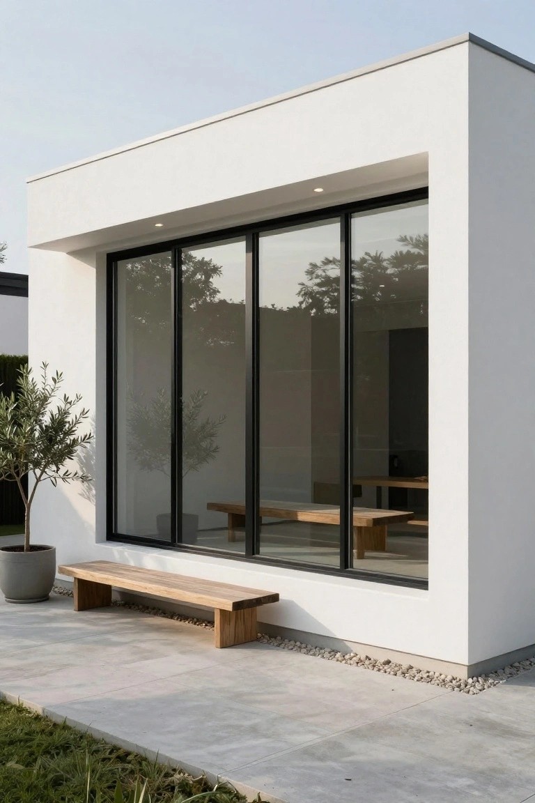 White modern house corner with black-framed floor-to-ceiling sliding glass windows reflecting trees and showing interior benches, wooden bench on stone patio nearby, potted olive tree, gravel border, and grass lawn.