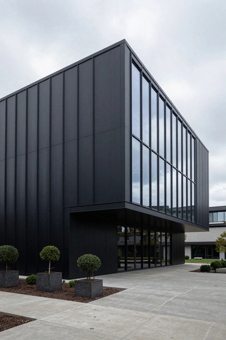 Modern black metal-clad cubic building with vertical cladding, large floor-to-ceiling glass windows on one side, covered entrance, and potted shrubs on concrete paving.