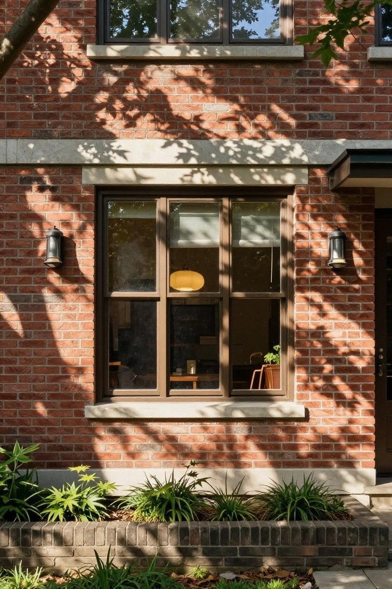 Red brick house exterior with a tall multi-pane window next to the front door, black lantern wall lights flanking both, interior lamp and plants visible through the window, low green plants in a brick bed below, and tree shadows on the wall.