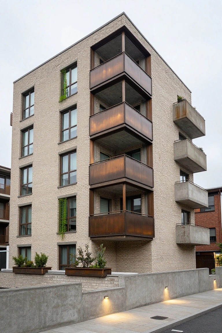 Recessed Windows Behind Steel Balconies