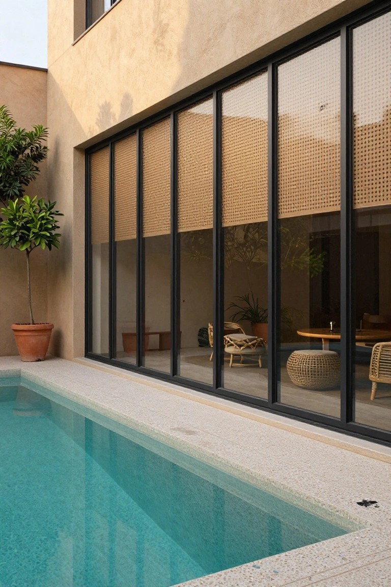 Beige stucco exterior wall of a modern house with tall black-framed floor-to-ceiling glass panels, some covered by woven bamboo screens, adjacent to a turquoise pool on a terrazzo deck with a potted citrus tree nearby.