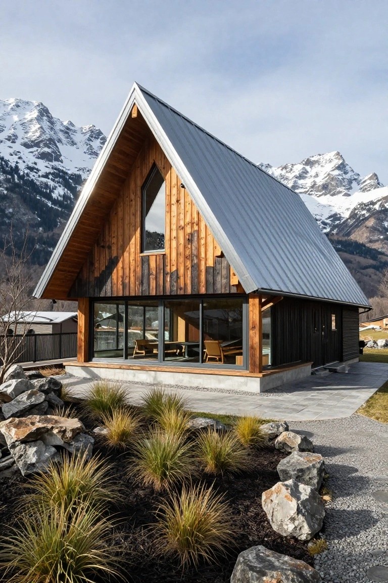 Wooden A-frame house with gray metal roof, large triangular window in gable end, floor-to-ceiling glass wall on side facade, rocky plantings in front, and snowy mountains in background.