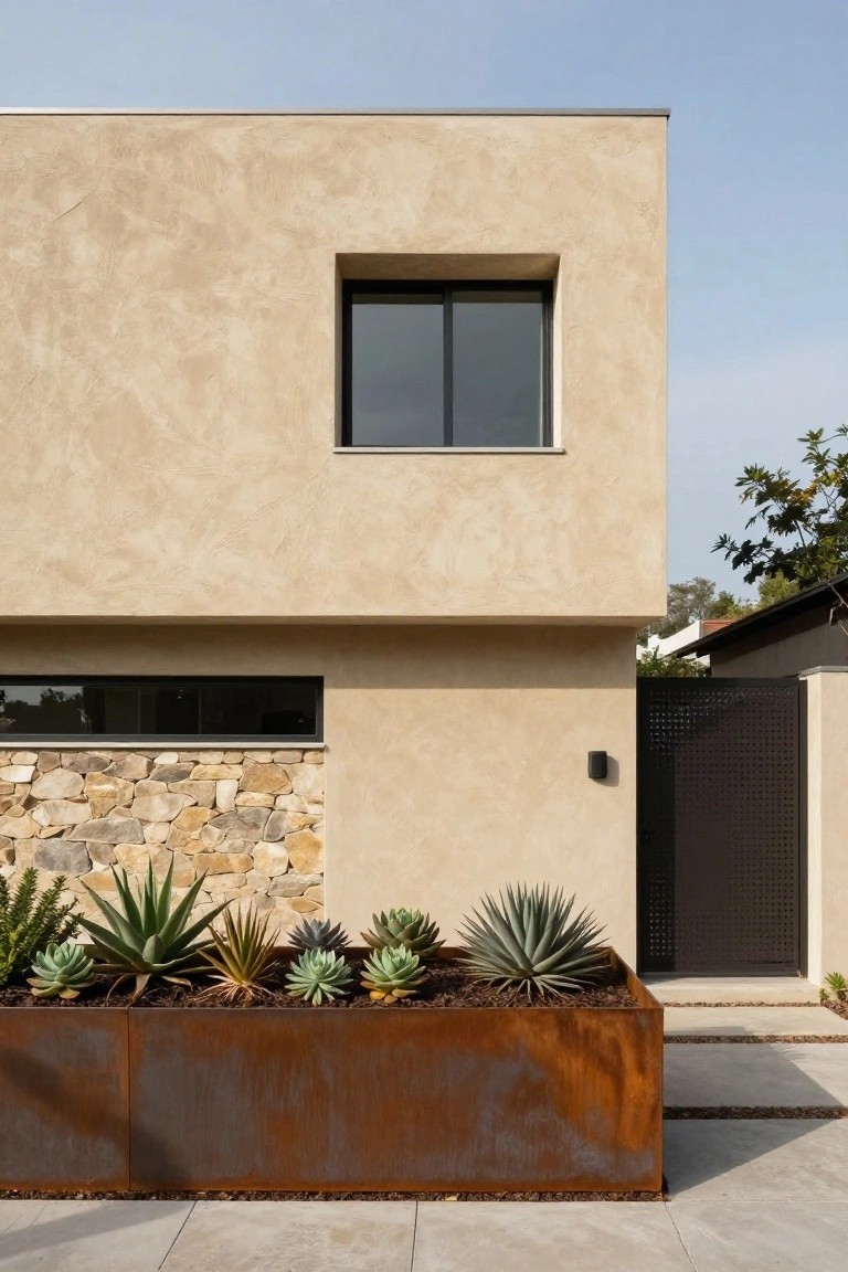 Beige textured stucco house exterior corner featuring a tall narrow black-framed vertical window, low horizontal black-framed slit window, rough stone wall base, large rusted metal planter box filled with agave and succulent plants, perforated black metal gate, and concrete path.