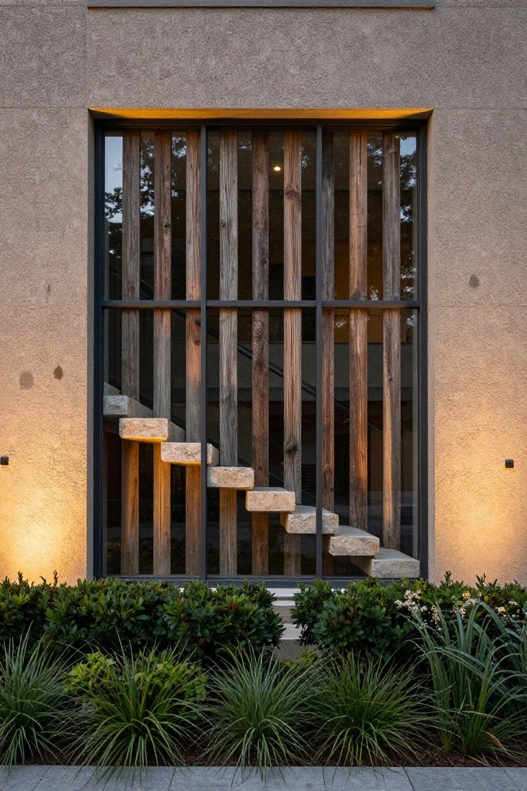 House exterior close-up showing a large frameless window with vertical reclaimed wood slats, floating beige stone steps visible inside, beige stucco wall, ground-level uplights, and low shrubs along the base.