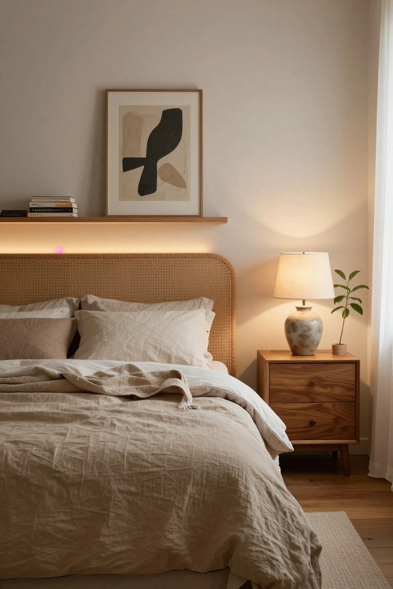 Neutral-toned bedroom with rattan headboard, wooden shelf lit by warm LED strip above it, beige linen bedding, wooden nightstand holding ceramic lamp and potted plant, abstract bird artwork on wall, sheer curtains and hardwood floor.