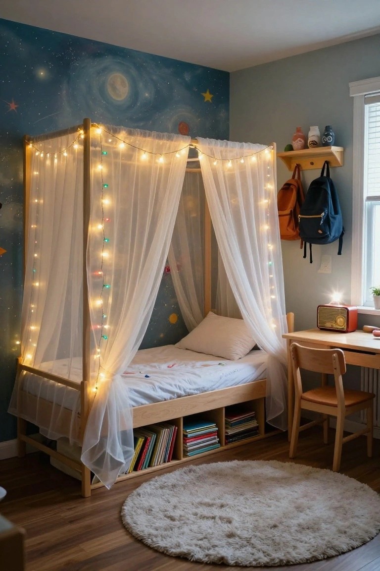 A child's bedroom with a wooden canopy bed draped in multi-colored string lights and sheer white fabric, next to a space-themed wall mural, wooden desk, chair, bookshelves, and backpacks on a shelf.