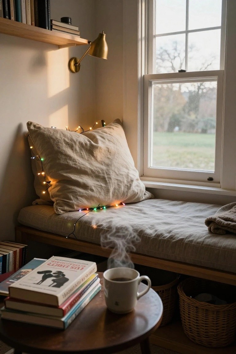 A beige window seat bench with a large pillow draped in multi-colored string lights, stacks of books, a steaming mug of coffee on a wooden side table, bookshelves, a wall lamp, and a window showing a field outside.