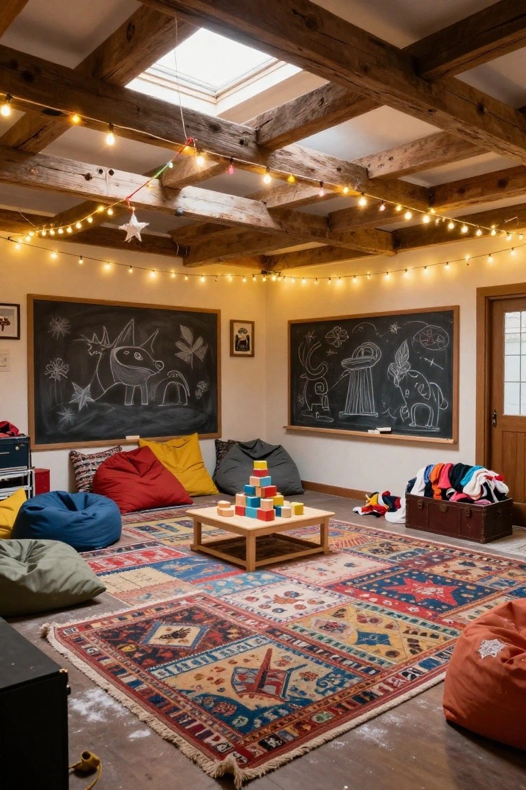 Cozy playroom with exposed wooden ceiling beams strung with multi-colored fairy lights, large chalkboards on walls with chalk drawings, colorful bean bag chairs, wooden block toys on a low table, and a patterned rug on the floor.