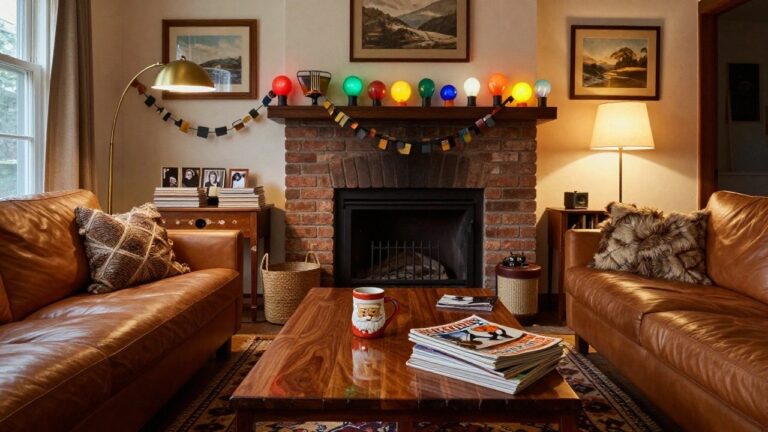 Cozy living room featuring a brick fireplace with a garland of multi-colored spherical ornaments and lights draped over the wooden mantel, flanked by leather armchairs, a wooden coffee table, stacked books, and a woven basket.