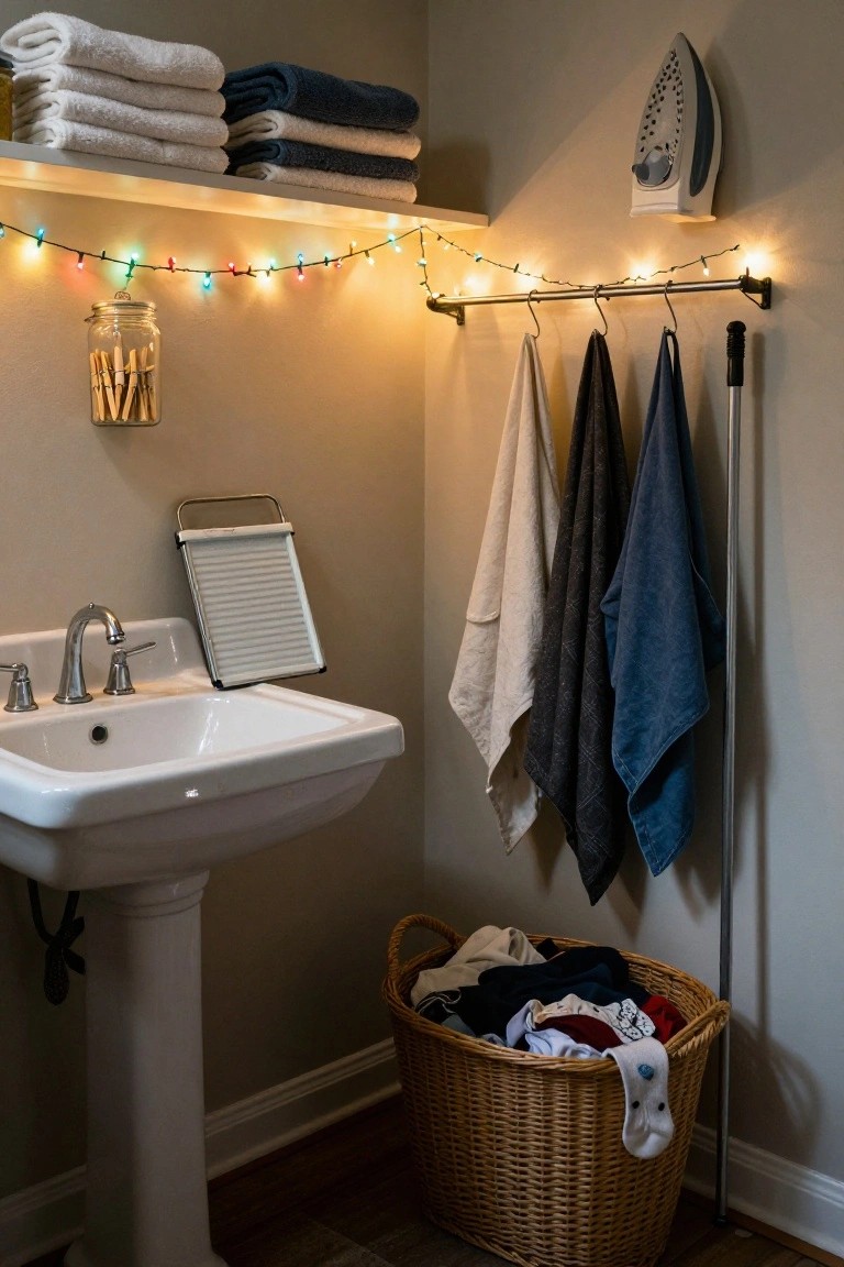 Bathroom laundry corner with colorful Christmas string lights along floating shelves and towel rod, stacks of folded white and blue towels on shelves, hanging towels in various colors, pedestal sink with ironing board nearby, glass jar of clothespins, and wicker laundry basket on wood floor.