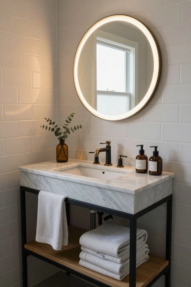 Bathroom corner with white subway tile walls, round mirror with LED rim lighting, white marble countertop vanity on black metal frame with wooden shelf stacked with white towels, amber glass vase of eucalyptus, two amber lotion bottles, and brass faucet over sink.