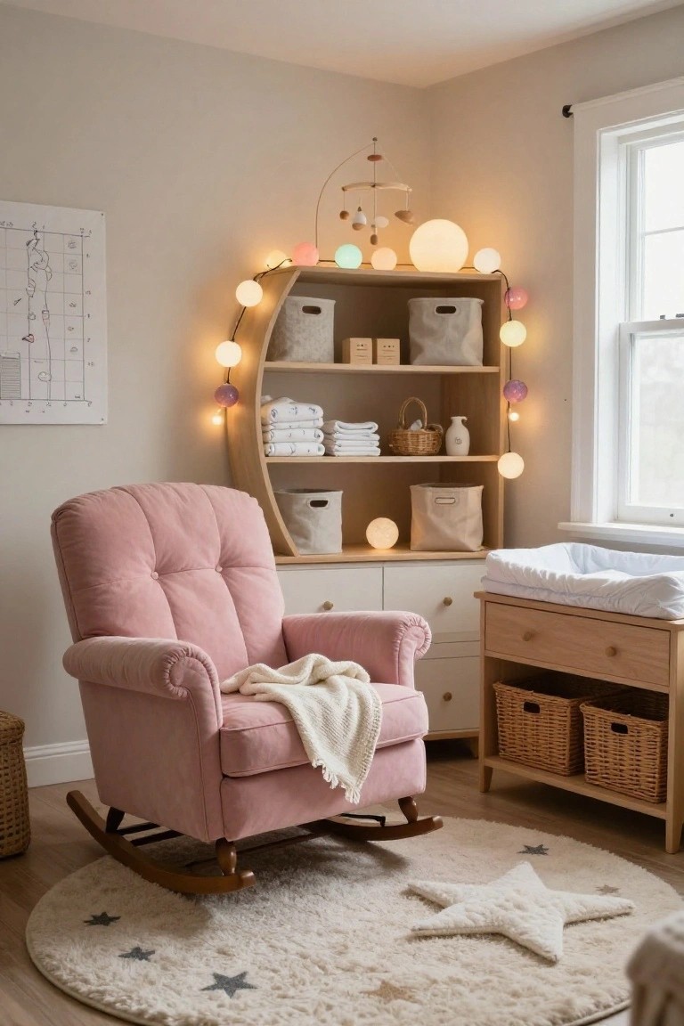 Nursery corner with pink rocking chair, curved wooden shelving unit strung with multi-colored bubble lights, wooden changing table with baskets, and star rug on hardwood floor.