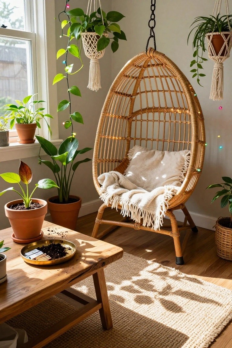 Cozy indoor room corner with rattan hanging egg chair draped in white blanket, multiple potted and hanging plants, colorful string lights, wooden side table with brass dish containing soil and sticks, and beige rug on wood floor.