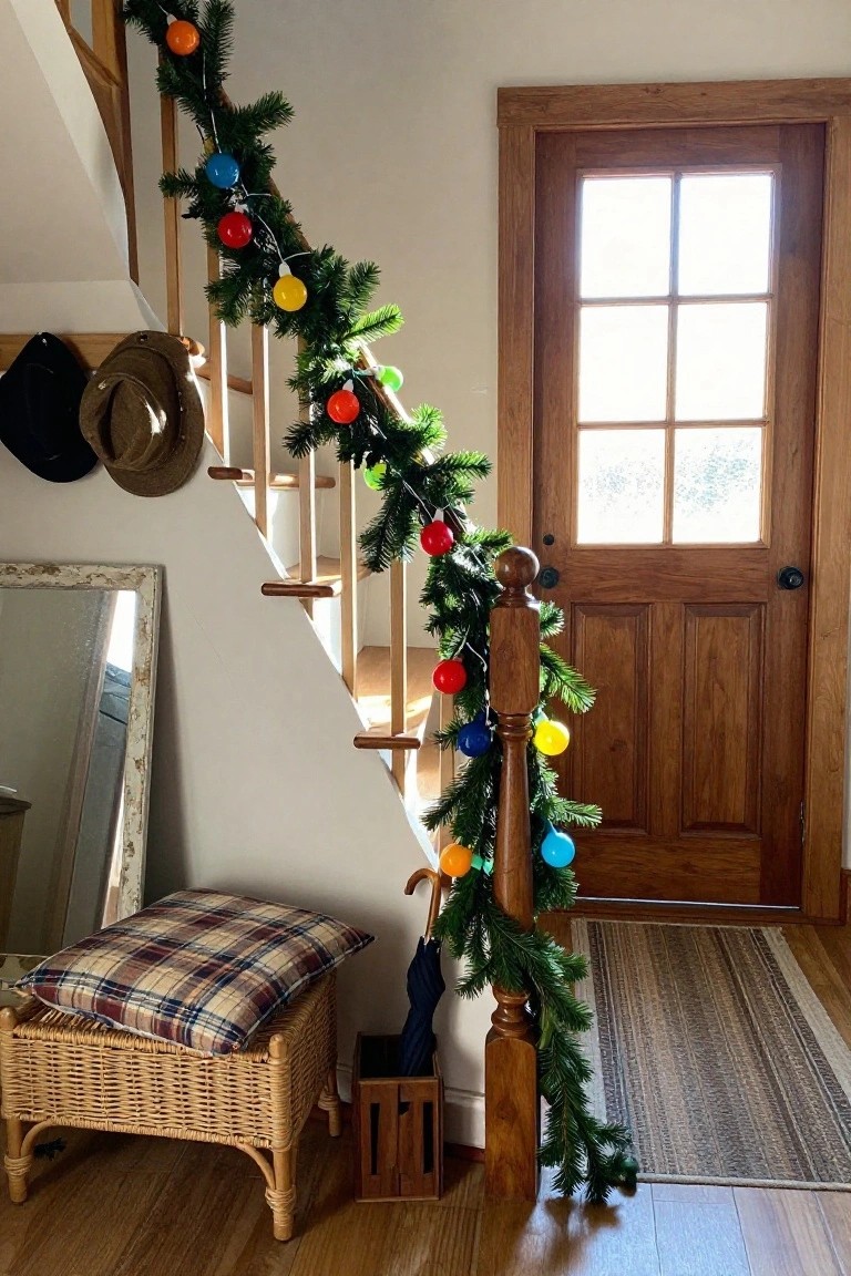 Wooden staircase railing wrapped in green garland strung with multi-colored round bulb lights, next to a wooden entry door with glass panels, with a wicker bench, plaid pillow, umbrella stand, and hanging hats nearby.