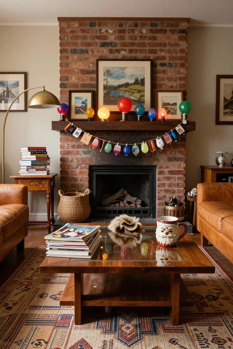 Cozy living room featuring a brick fireplace with a garland of multi-colored spherical ornaments and lights draped over the wooden mantel, flanked by leather armchairs, a wooden coffee table, stacked books, and a woven basket.