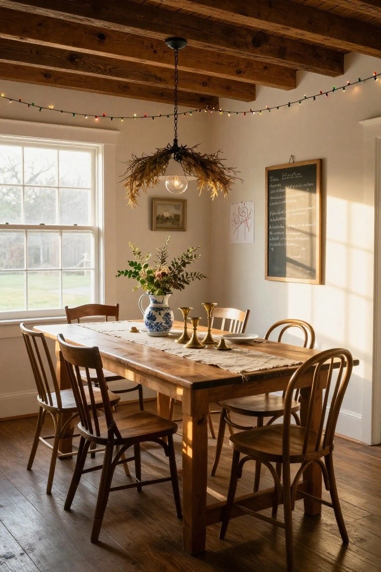 Dining room interior with wooden beam ceiling strung with multi-colored Christmas lights, wooden table set with blue and white vase of flowers, brass candlesticks, plates, and chairs around it, plus a window showing a view outside.
