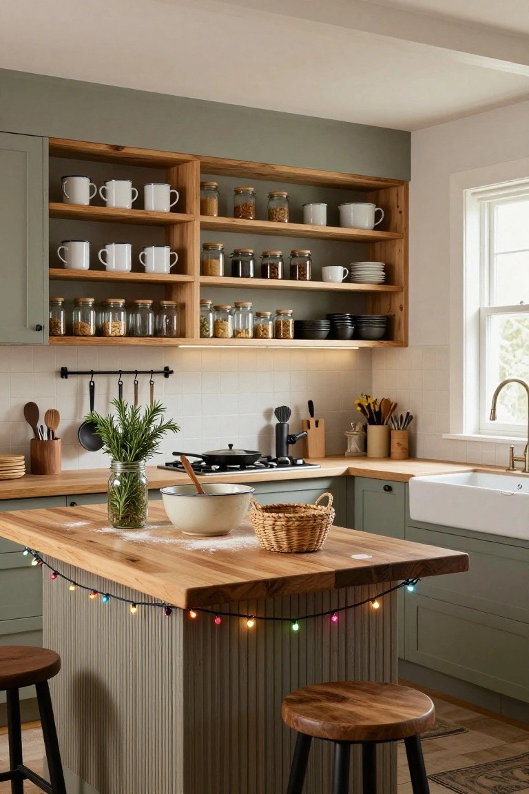 Sage green kitchen with wooden island, open oak shelving stocked with dishes and jars, white subway tiles, and multi-colored string lights draped around the island edges with wooden stools nearby.