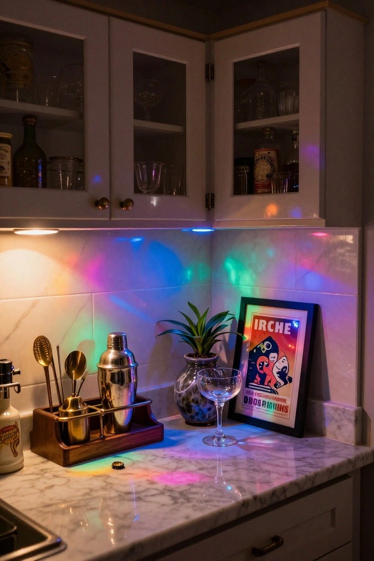 Kitchen counter corner with wooden bar tool holder, silver shaker, gold utensils, potted plant, framed poster, wine glass, and rainbow LED light reflections on white marble countertop, subway tile backsplash, and glass-front cabinets stocked with bottles and glassware.